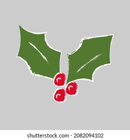 red holly berries branch,holly. covered with white frost .vector illustration. handwritten. isolated on a white background. for your business.