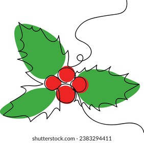 Red holly berries continuous one line drawing. Christmas icon. Mistletoe berries and leaves line art. Hand drawn sketch. Xmas and New Year symbol. Isolated on white. Vector illustration.