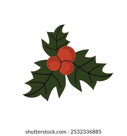 Red holly berries. Festive floral decor with winterberries, leaves. New Year ilex branch. Flat vector illustration isolated on white background.