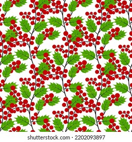 Red holly berries with green leaves intertwined to a beautiful pattern, textured. Vector seamless pattern