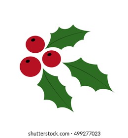 Red Holly Berries and  Green Leaves isolated on white background. Vector illustration