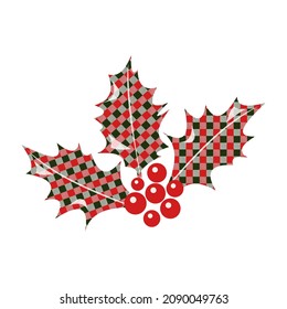 Red holly berries with leaves isolated on white background. Checkered fabric made of red and green colors. For decorating postcards in a flat style. Vector.