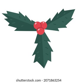 Red holly berries with leaves vector cartoon illustration isolated on a white background.
