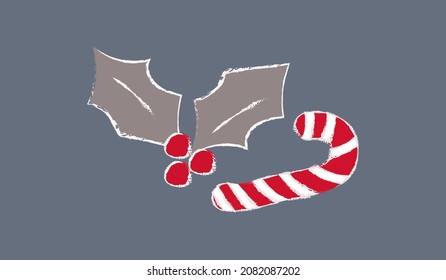 red holly berries, striped lollipop. vector illustration. handwritten. isolated on a white background. for your business.