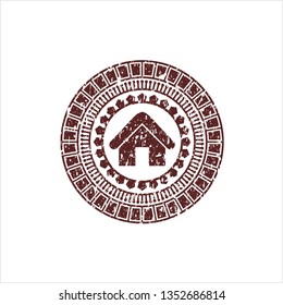 Red home icon inside distress rubber seal with grunge texture