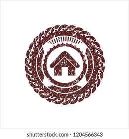 Red home icon inside distressed rubber grunge texture seal