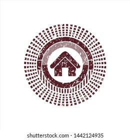 Red home icon inside distressed rubber stamp