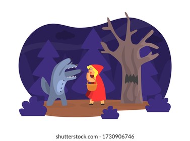Red Hood Fairy Tale Show Scene, Children Kids Actors Performing on Stage Vector Illustration