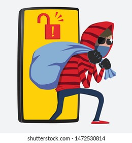 Red hood Hacker step out of smart phone screen after his criminal activity crack, spam, stealing money ,account password, personal data.Online security concept vector illustration.