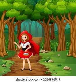 Red hooded girl are in the village at forest