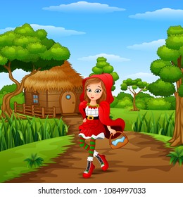 Red hooded girl are in the village at forest