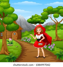 Red hooded girl are in the village at forest