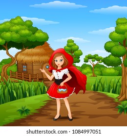 Red hooded girl are in the village at forest