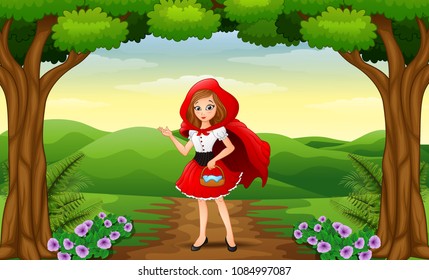 Red hooded girl are in the village at forest