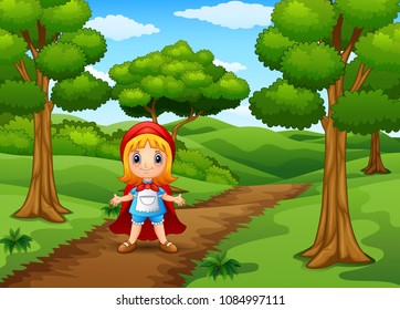 Red hooded girl are in the village at forest