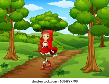 Red hooded girl are in the village at forest