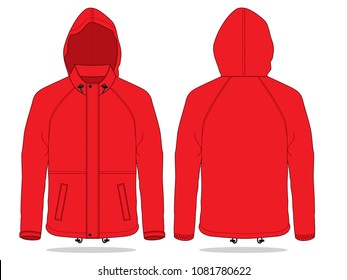 Red Hooded Jacket with Rope Stopper, Hidden Zipper Template on White Background. Front and Back Views, Vector File.