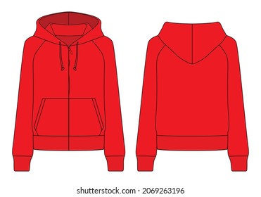 Red Hooded Jacket With Two Pocket Template Vector On White Background.Front and Back View.