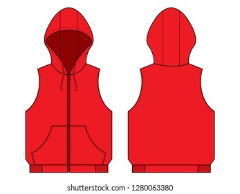 Red Hooded Vest Vector for Template. 
Front and Back View
