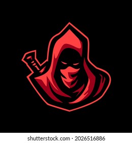 Red Hoodie Assassin Esport Logo For Gaming Mascot