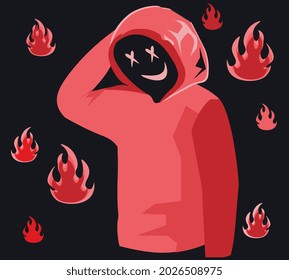 Red hoodie with eyes in form of crosses. Frightening character with sly smile and fire. Clothing and human silhouette. Cartoon modern flat vector illustration isolated on black background