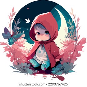 Red Hoodie little baby Fairy  sitting and wings decorated by flowers in cosmic style  vector illustration 