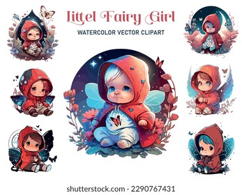 Red Hoodie little baby Fairy  sitting and wings decorated by flowers in cosmic style  vector illustration 