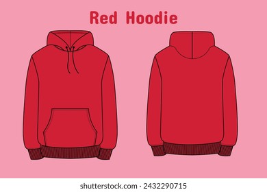 Sudadera con capucha roja en vista frontal, posterior y lateral. Vector sudadera o ropa deportiva con capucha ilustración.