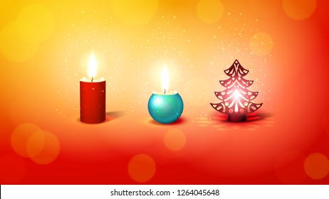 Red horizontal background for wide screens with three candles in the Christmas style
