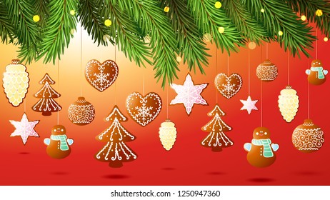 Red horizontal background for widescreen. Gingerbread on Christmas-tree branches 
