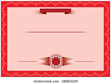 Red horizontal certificate design with stamp and ribbon, creative editable illustration.