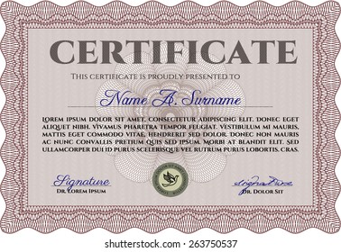 Certificado horizontal rojo o plantilla de diploma con antecedentes detallados