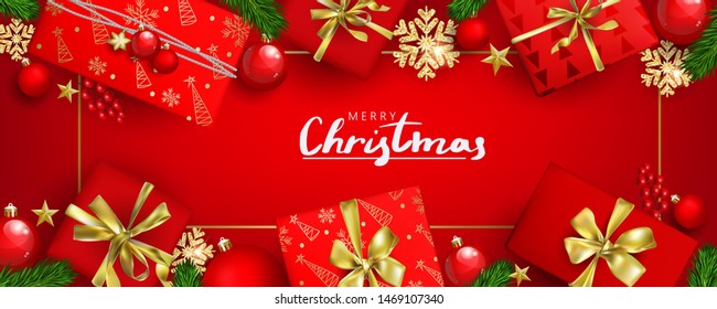 Red horizontal Christmas banner with gift boxes and golden snowflakes with 3D effects