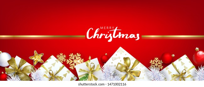 Red horizontal Christmas banner with gift boxes and golden snowflakes with 3D effects