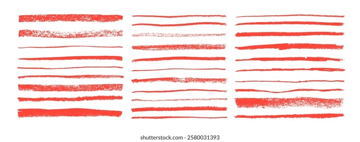 Red horizontal crayon drawn straight lines. Scratchy strokes with rough edges. Thin and thick long chalk lines collection. Charcoal underlines with rough texture. Vector doodle smears, strike through.