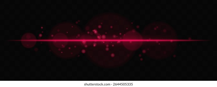 Red horizontal glow with light particles and lens bokeh on transparent background. Atmospheric sci-fi effect perfect for transitions, digital UI, or dreamy glowing overlays.