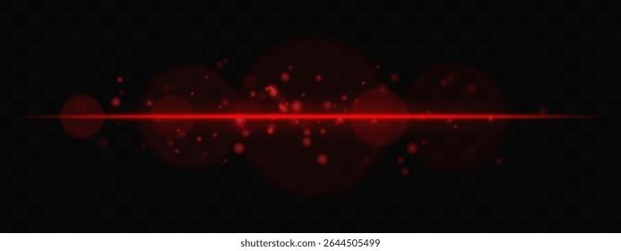 Brilho horizontal vermelho com partículas de luz e bokeh de lente sobre fundo transparente. Efeito atmosférico de ficção científica perfeito para transições, interface de usuário digital ou sobreposições brilhantes e sonhadoras.