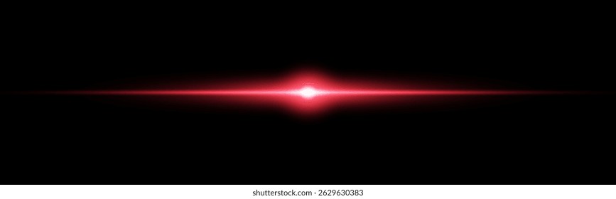 Rayos láser Horizontales rojos. Bengala de lente ligera. Efecto de luz de destello rojo. Ilustración vectorial. Aislado sobre fondo oscuro.