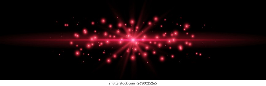 Red horizontal laser beam. Light lensflare. Red glow flare light effect. Vector illustration. Isolated on dark background.