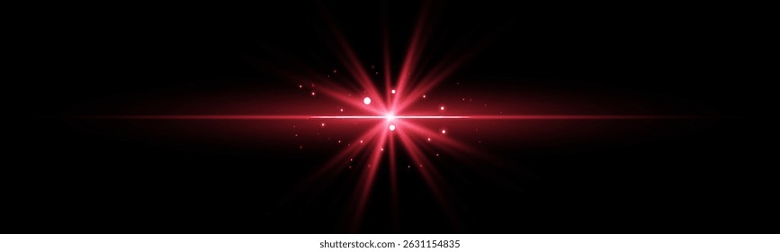 Roter horizontaler Laserstrahl. Lichtlensflare. Rotglühender Fackellichteffekt. Vektorgrafik. Einzeln auf dunklem Hintergrund.