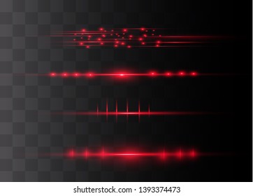 Red horizontal lens flares pack. Laser beams, horizontal light rays.Beautiful light flares. Glowing streaks on dark background. Luminous abstract sparkling lined background.