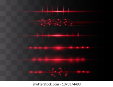 Red horizontal lens flares pack. Laser beams, horizontal light rays.Beautiful light flares. Glowing streaks on dark background. Luminous abstract sparkling lined background.