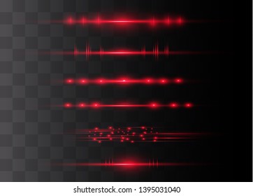 Red horizontal lens flares pack. Laser beams, horizontal light rays.Beautiful light flares. Glowing streaks on dark background. Luminous abstract sparkling lined background.