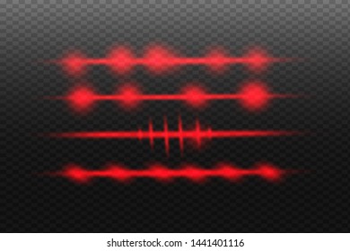 Red horizontal lens flares pack. Laser beams, horizontal light rays.Beautiful light flares. Glowing streaks on dark background. Luminous abstract sparkling lined background