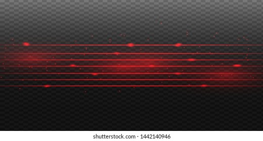 Red horizontal lens flares pack. Laser beams, horizontal light rays.Beautiful light flares. Glowing streaks on dark background. Luminous abstract sparkling lined background