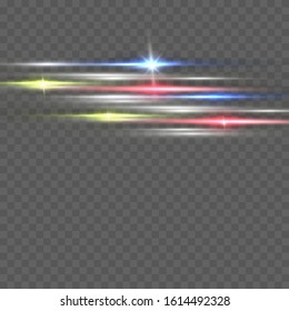 Red horizontal lens flares pack. Laser beams, horizontal light rays.Beautiful light flares. Glowing streaks on dark background. Luminous abstract sparkling lined background.