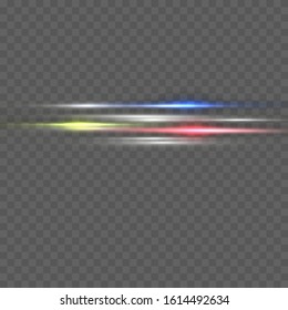 Red horizontal lens flares pack. Laser beams, horizontal light rays.Beautiful light flares. Glowing streaks on dark background. Luminous abstract sparkling lined background.