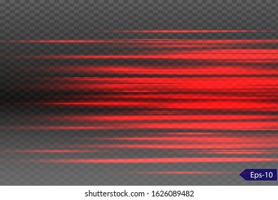 Red horizontal lens flares pack. Laser beams, horizontal light rays.Beautiful light flares. Glowing streaks on dark background. Luminous abstract sparkling lined background.