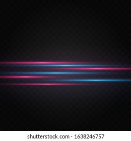 Red horizontal lens flares pack. Laser beams, horizontal light rays.Beautiful light flares. Glowing streaks on dark background. Luminous abstract sparkling lined background.