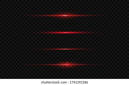 Red horizontal lens flares pack. Laser beams, horizontal light rays.Beautiful light flares. Glowing streaks on dark background. Luminous abstract sparkling lined background.